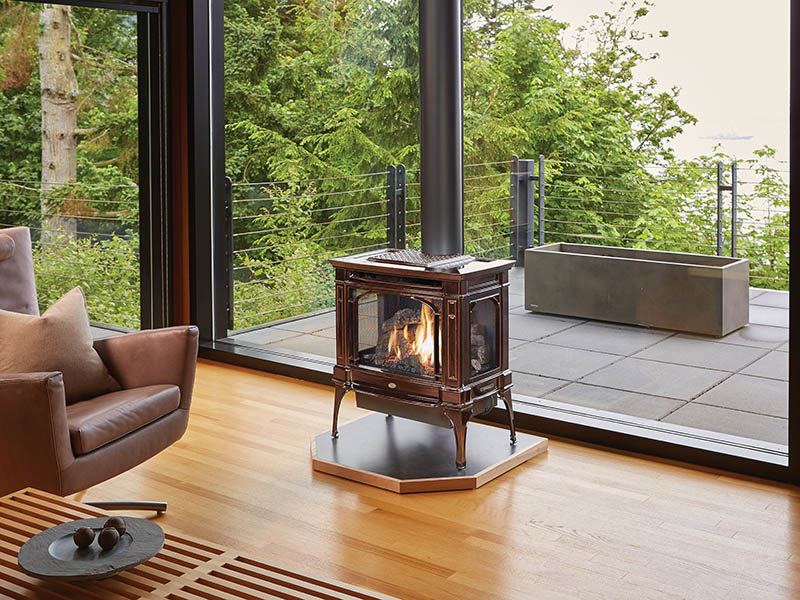 Lopi Gas Stove features large glass viewing display and cozy heat.
